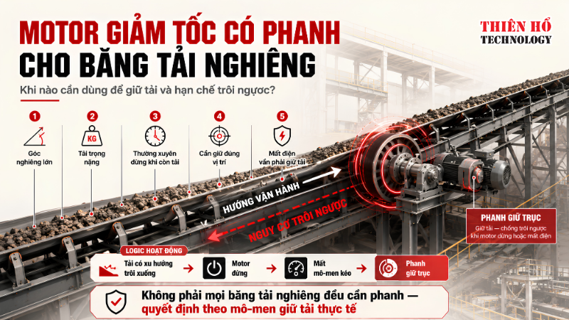Motor giảm tốc có phanh cho băng tải nghiêng: Khi nào cần dùng?