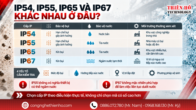 IP54, IP55, IP65 và IP67 khác nhau như thế nào?