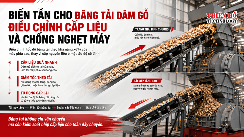 Biến tần cho băng tải dăm gỗ: Điều chỉnh cấp liệu và chống nghẹt máy