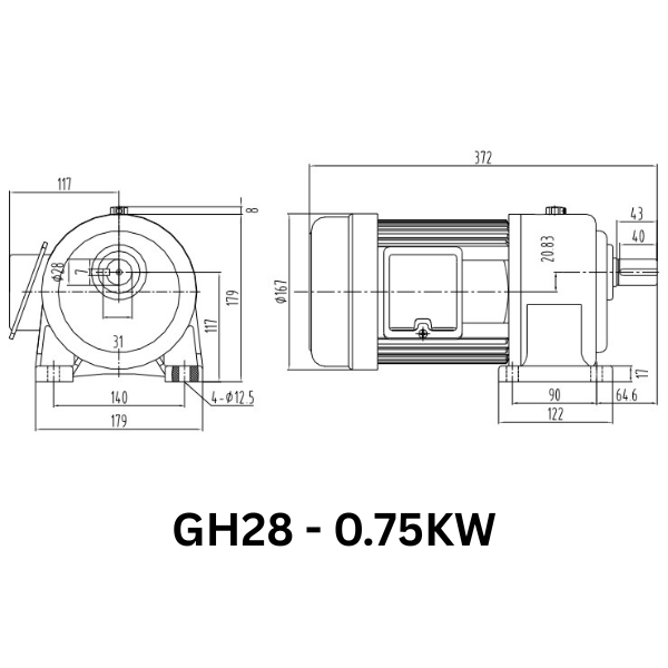 MOTOR GIẢM TỐC GIMO DÒNG CHÂN ĐẾ GH28-0.75KW-20