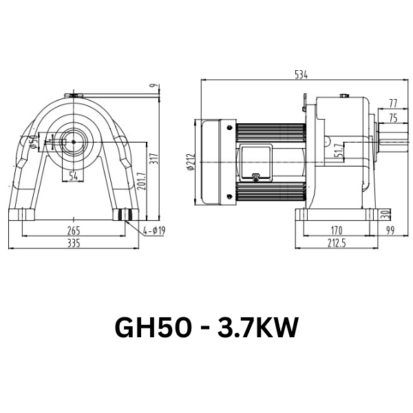 MOTOR GIẢM TỐC GIMO DÒNG CHÂN ĐẾ GH50-3.7KW-50