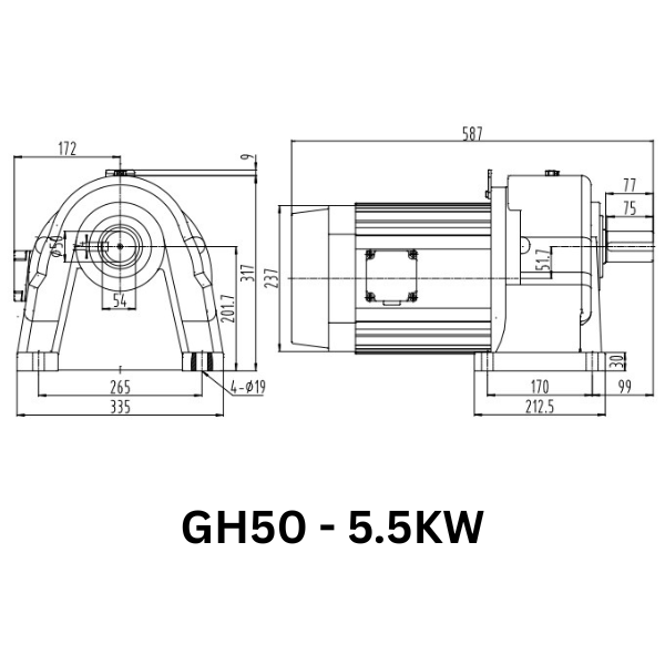 MOTOR GIẢM TỐC GIMO DÒNG CHÂN ĐẾ GH50-5.5KW-50
